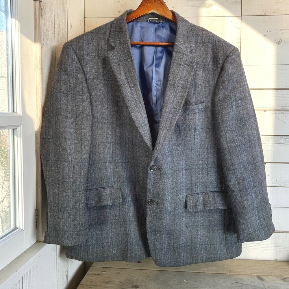 Vintage Glen Plaid 100% Worsted Wool Blazer Tommy Hilfiger 46S Blue Gray Preppy
